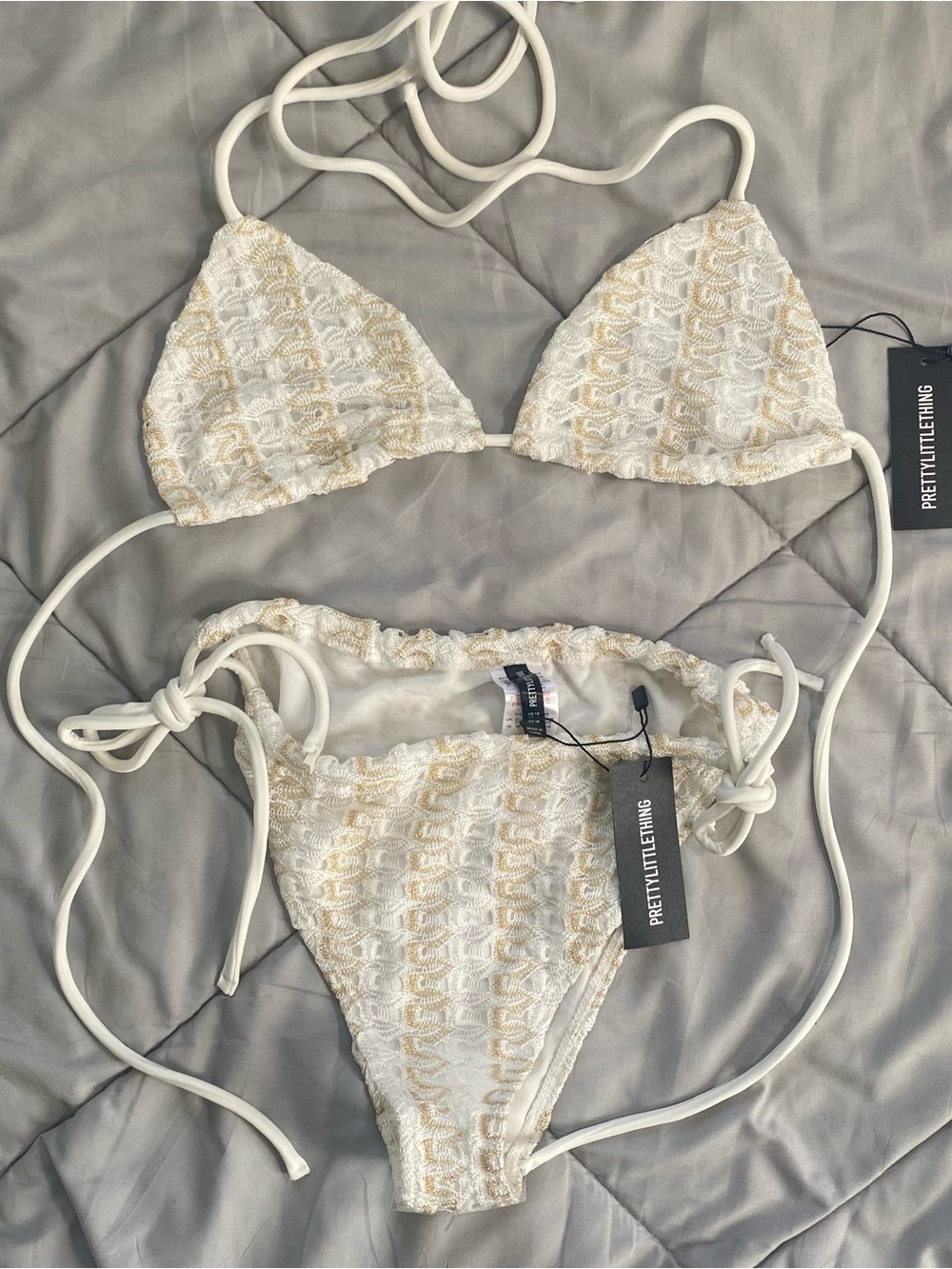 PrettyLittleThing White and Gold Crochet Textured Bikini Bottoms